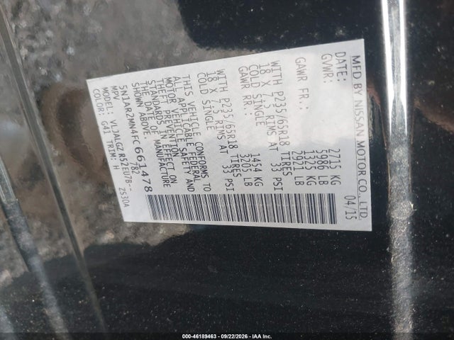 46189463 :رقم المزاد ، 5N1AR2MN4FC661478 vin ، 2015 Nissan Pathfinder Sl مزاد بيع