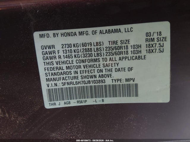 Aukcja sprzedaży 2018 Honda Odyssey Ex-l, vin: 5FNRL6H70JB103893, numer aukcji: 46189473