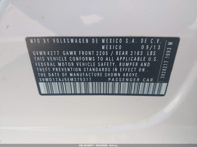 2014 Volkswagen Jetta 1.8t Se მანქანა იყიდება აუქციონზე, vin: 3VWD17AJ5EM375317, აუქციონის ნომერი: 46189477