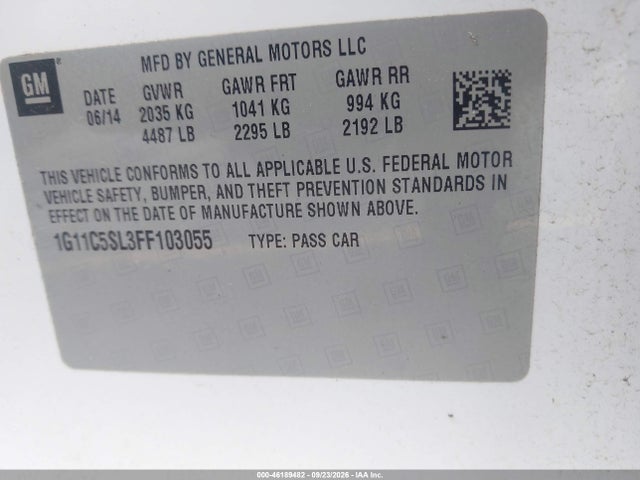 46189482 :رقم المزاد ، 1G11C5SL3FF103055 vin ، 2015 Chevrolet Malibu 1lt مزاد بيع