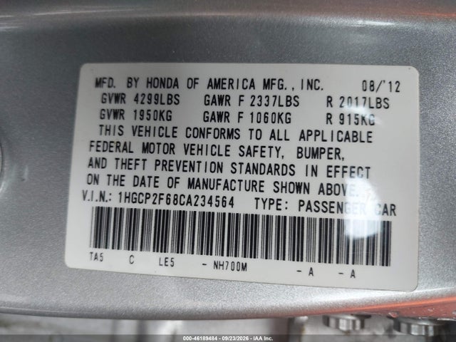 46189484 :رقم المزاد ، 1HGCP2F68CA234564 vin ، 2012 Honda Accord 2.4 Se مزاد بيع