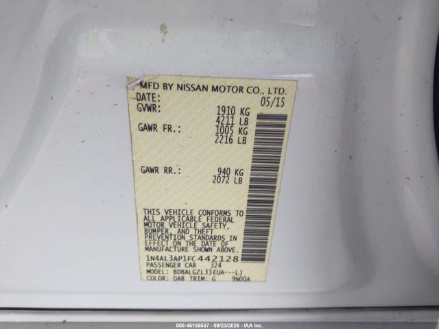 2015 Nissan Altima 2.5 S მანქანა იყიდება აუქციონზე, vin: 1N4AL3AP1FC442128, აუქციონის ნომერი: 46189507