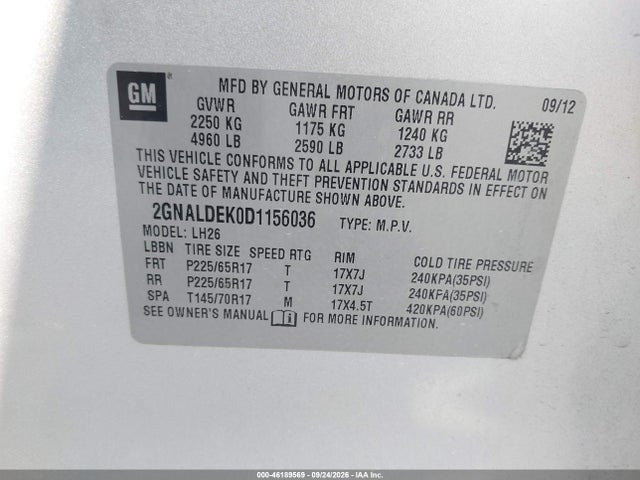 Продаж на аукціоні авто 2013 Chevrolet Equinox 1lt, vin: 2GNALDEK0D1156036, номер лоту: 46189569