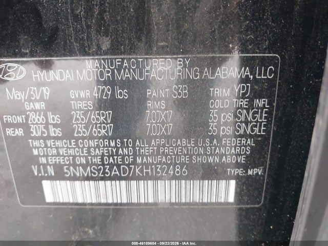 46189604 :رقم المزاد ، 5NMS23AD7KH132486 vin ، 2019 Hyundai Santa Fe Se مزاد بيع