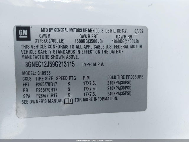 Продажа на аукционе авто 2009 Chevrolet Avalanche 1500 Ls, vin: 3GNEC12J59G213115, номер лота: 46189607