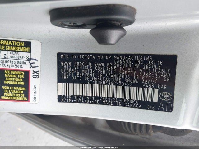 2016 Toyota Corolla L მანქანა იყიდება აუქციონზე, vin: 2T1BURHE4GC733475, აუქციონის ნომერი: 46189630