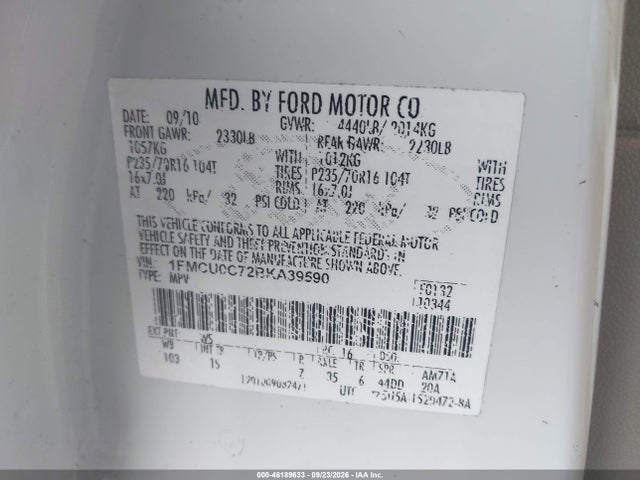 46189633 :رقم المزاد ، 1FMCU0C72BKA39590 vin ، 2011 Ford Escape Xls مزاد بيع