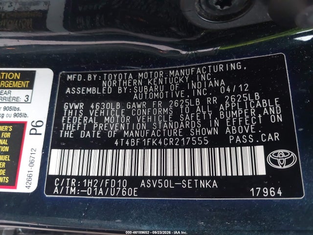 Продаж на аукціоні авто 2012 Toyota Camry Le, vin: 4T4BF1FK4CR217555, номер лоту: 46189652