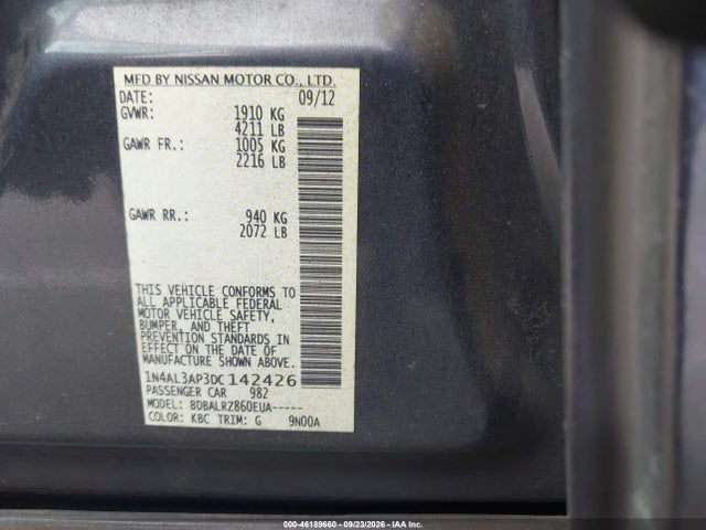 46189660 :رقم المزاد ، 1N4AL3AP3DC142426 vin ، 2013 Nissan Altima 2.5 S مزاد بيع