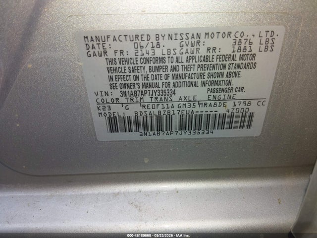 Nissan SENTRA S 2018 3N1AB7AP7JY335334 Image 9