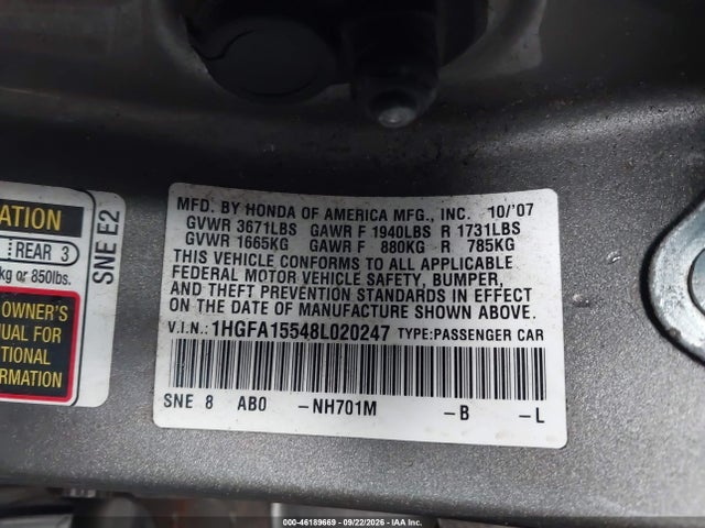 2008 Honda Civic Lx მანქანა იყიდება აუქციონზე, vin: 1HGFA15548L020247, აუქციონის ნომერი: 46189669