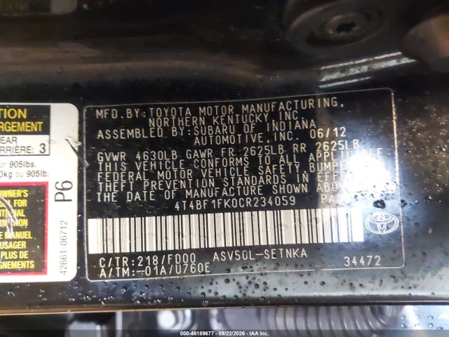 Aukcja sprzedaży 2012 Toyota Camry Le, vin: 4T4BF1FK0CR234059, numer aukcji: 46189677