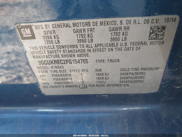 Aukcja sprzedaży 2015 Chevrolet Silverado 1500 2lt, vin: 3GCUKREC2FG154765, numer aukcji: 46189695