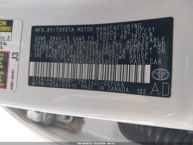 Продажа на аукционе авто 2011 Toyota Corolla S, vin: 2T1BU4EE4BC653660, номер лота: 46189723