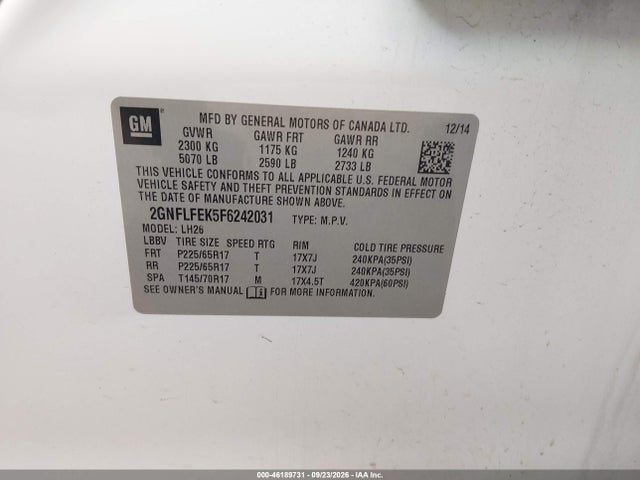 Aukcja sprzedaży 2015 Chevrolet Equinox Lt, vin: 2GNFLFEK5F6242031, numer aukcji: 46189731