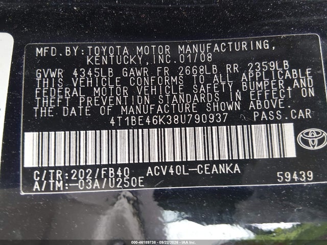 2008 Toyota Camry Le მანქანა იყიდება აუქციონზე, vin: 4T1BE46K38U790937, აუქციონის ნომერი: 46189738