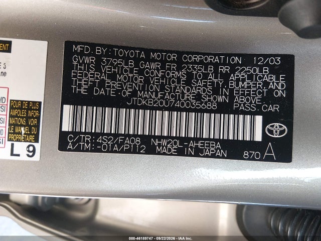 Продажа на аукционе авто 2004 Toyota Prius, vin: JTDKB20U740035688, номер лота: 46189747
