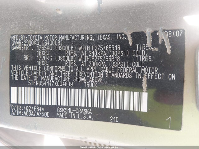 Aukcja sprzedaży 2007 Toyota Tundra Sr5 V6, vin: 5TFRU54147X004839, numer aukcji: 46189754