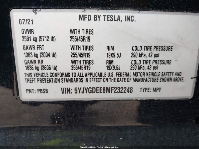 Продаж на аукціоні авто 2021 Tesla Model Y Long Range Dual Motor All-wheel Drive, vin: 5YJYGDEE8MF232248, номер лоту: 46189758