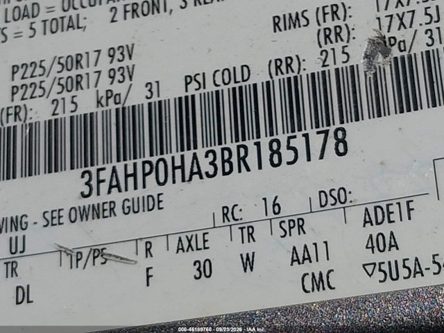 46189760 :رقم المزاد ، 3FAHP0HA3BR185178 vin ، 2011 Ford Fusion Se مزاد بيع