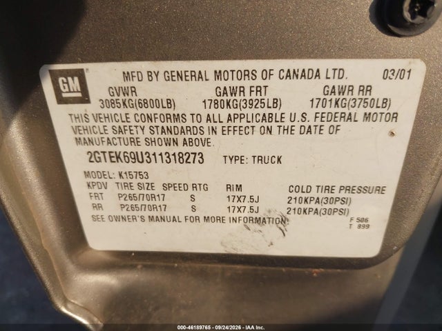 2001 Gmc Sierra 1500 C3 მანქანა იყიდება აუქციონზე, vin: 2GTEK69U311318273, აუქციონის ნომერი: 46189765