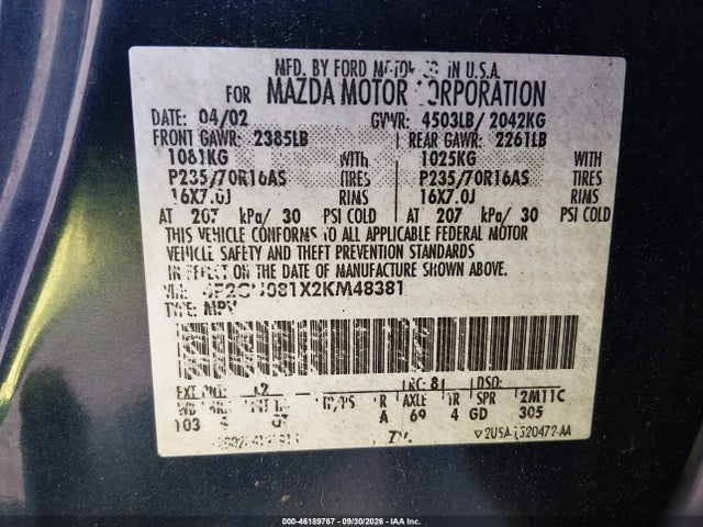 Продаж на аукціоні авто 2002 Mazda Tribute, vin: 4F2CU081X2KM48381, номер лоту: 46189767