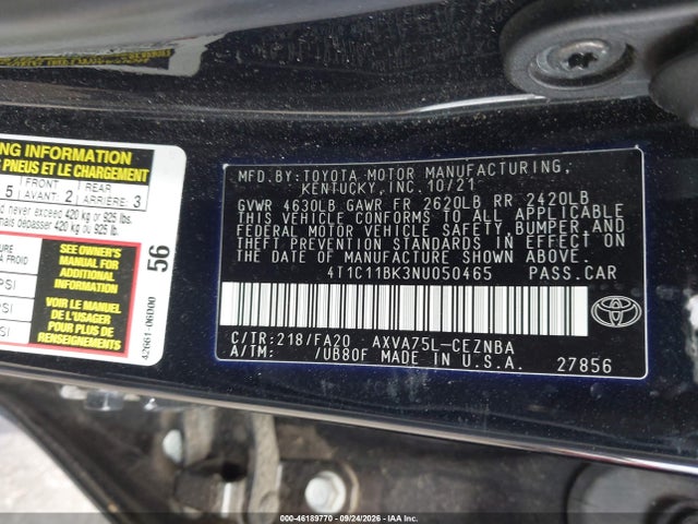 Aukcja sprzedaży 2022 Toyota Camry Le Awd, vin: 4T1C11BK3NU050465, numer aukcji: 46189770