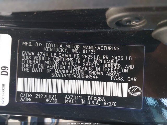 Продажа на аукционе авто 2025 Lexus Es 300h F Sport Design, vin: 58ADA1C14SU066544, номер лота: 46189789