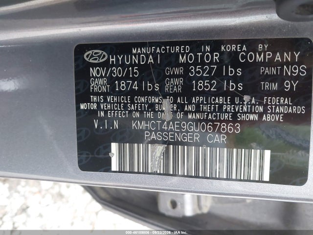 46189806 :رقم المزاد ، KMHCT4AE9GU067863 vin ، 2016 Hyundai Accent Se مزاد بيع