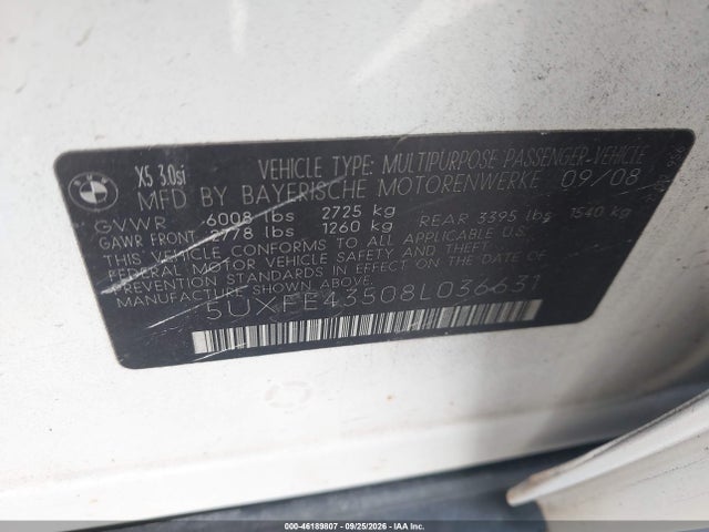 Продаж на аукціоні авто 2008 Bmw X5 3.0si, vin: 5UXFE43508L036631, номер лоту: 46189807