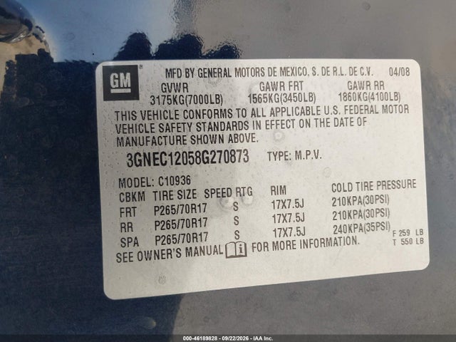Продаж на аукціоні авто 2008 Chevrolet Avalanche 1500 Lt, vin: 3GNEC12058G270873, номер лоту: 46189828