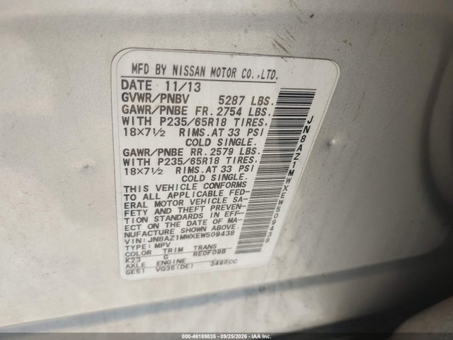 Продаж на аукціоні авто 2014 Nissan Murano Sv, vin: JN8AZ1MWXEW509438, номер лоту: 46189835