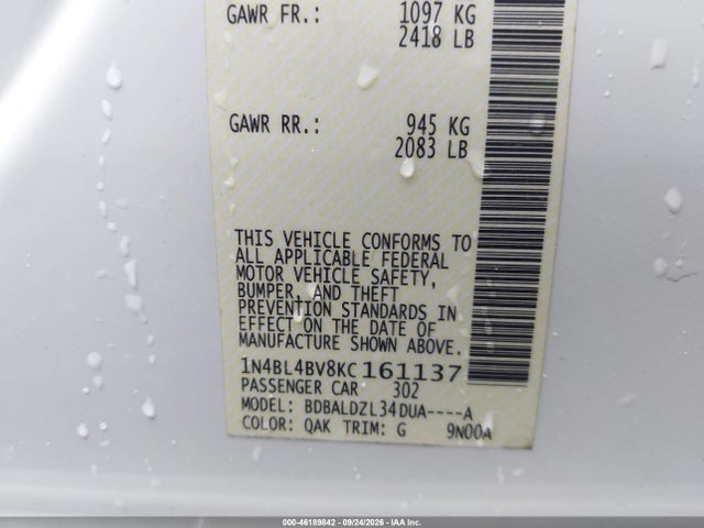 46189842 :رقم المزاد ، 1N4BL4BV8KC161137 vin ، 2019 Nissan Altima 2.5 S مزاد بيع