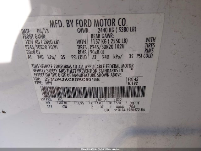 46189859 :رقم المزاد ، 2FMDK3KC5DBC50158 vin ، 2013 Ford Edge Limited مزاد بيع