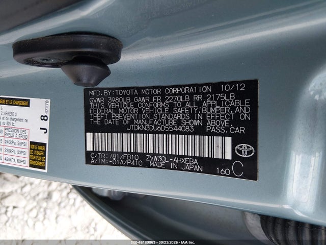 Aukcja sprzedaży 2013 Toyota Prius Two, vin: JTDKN3DU6D5544083, numer aukcji: 46189863