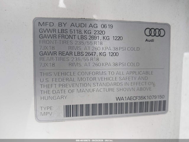 46189870 :رقم المزاد ، WA1AECF35K1079150 vin ، 2019 Audi Q3 2.0t Premium مزاد بيع
