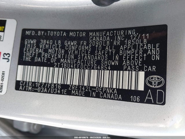 Aukcja sprzedaży 2012 Toyota Corolla Le, vin: 2T1BU4EE0CC764854, numer aukcji: 46189876