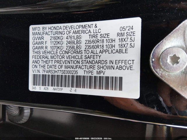 Aukcja sprzedaży 2025 Honda Cr-v Ex-l 2wd, vin: 7FARS3H77SE000235, numer aukcji: 46189886