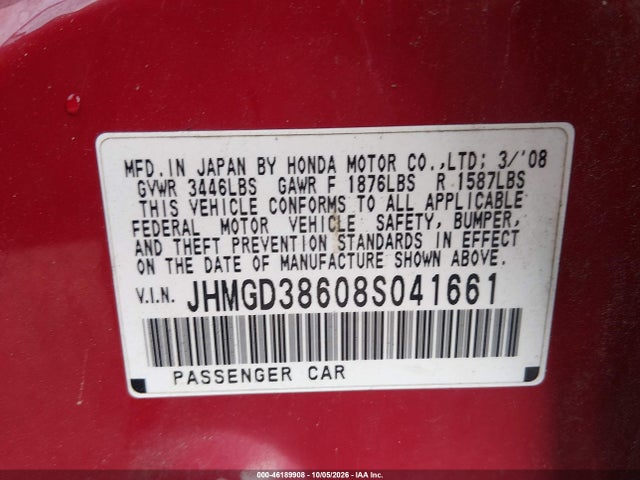 Aukcja sprzedaży 2008 Honda Fit Sport, vin: JHMGD38608S041661, numer aukcji: 46189908