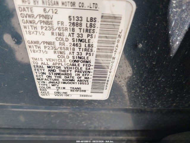 46189910 :رقم المزاد ، JN8AZ1MU0CW118553 vin ، 2012 Nissan Murano S مزاد بيع