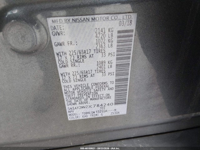 46189921 :رقم المزاد ، 5N1AT2MV2JC784240 vin ، 2018 Nissan Rogue Sv مزاد بيع