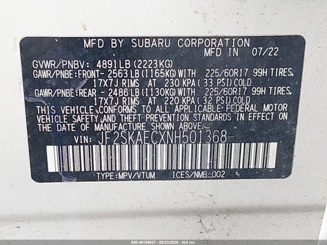 46189927 :رقم المزاد ، JF2SKAECXNH501368 vin ، 2022 Subaru Forester Premium مزاد بيع
