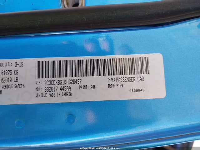 2019 Dodge Charger Sxt Rwd მანქანა იყიდება აუქციონზე, vin: 2C3CDXBG1KH626437, აუქციონის ნომერი: 46189931