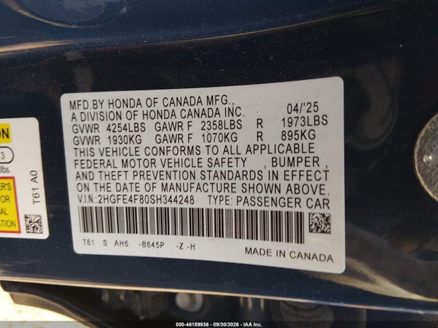Продажа на аукционе авто 2025 Honda Civic Hybrid Sport/sport Touring, vin: 2HGFE4F80SH344248, номер лота: 46189936