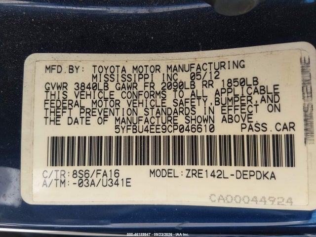 Aukcja sprzedaży 2012 Toyota Corolla L, vin: 5YFBU4EE9CP046610, numer aukcji: 46189947