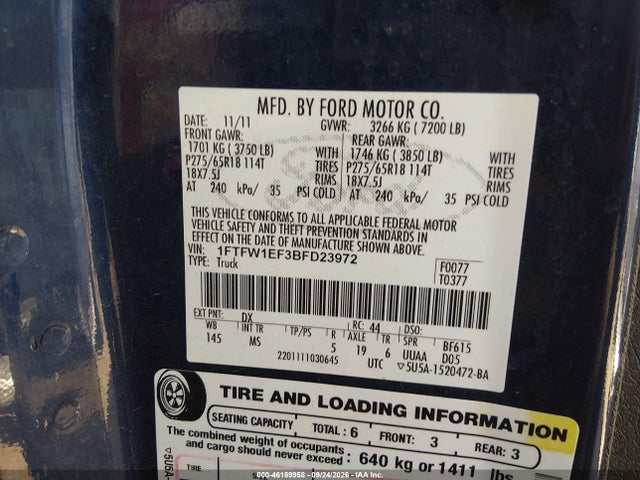 46189958 :رقم المزاد ، 1FTFW1EF3BFD23972 vin ، 2011 Ford F-150 Xlt مزاد بيع