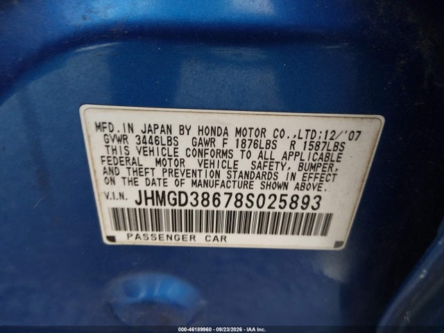 2008 Honda Fit Sport მანქანა იყიდება აუქციონზე, vin: JHMGD38678S025893, აუქციონის ნომერი: 46189960