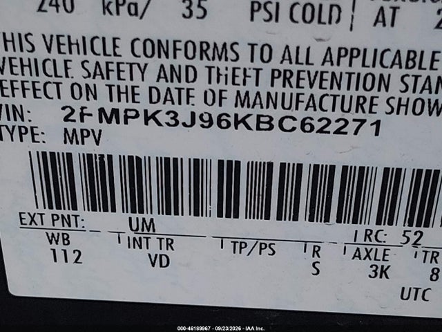 46189967 :رقم المزاد ، 2FMPK3J96KBC62271 vin ، 2019 Ford Edge Sel مزاد بيع