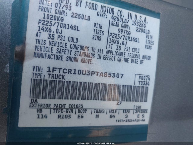 1993 Ford Ranger მანქანა იყიდება აუქციონზე, vin: 1FTCR10U3PTA85307, აუქციონის ნომერი: 46189970