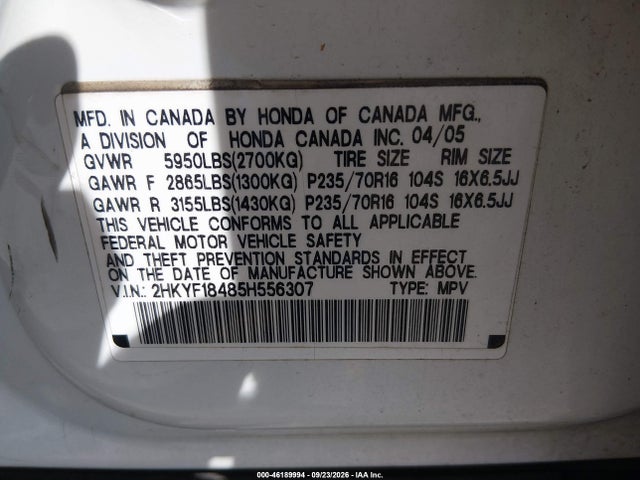 Продажа на аукционе авто 2005 Honda Pilot Ex, vin: 2HKYF18485H556307, номер лота: 46189994